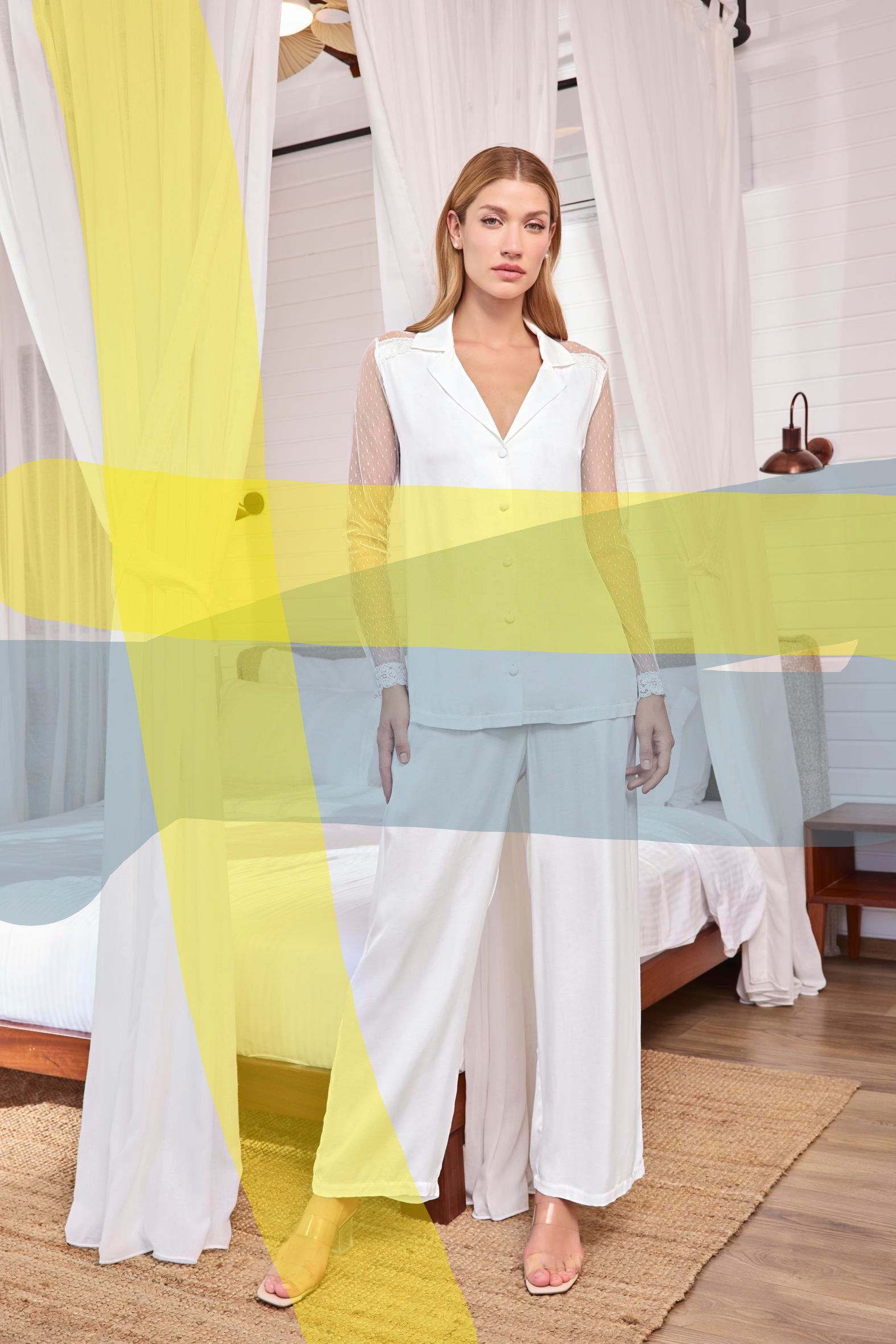 Lace and Tulle Long Sleeve Button-Front Satin Pajama Set