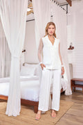 Lace and Tulle Long Sleeve Button-Front Satin Pajama Set