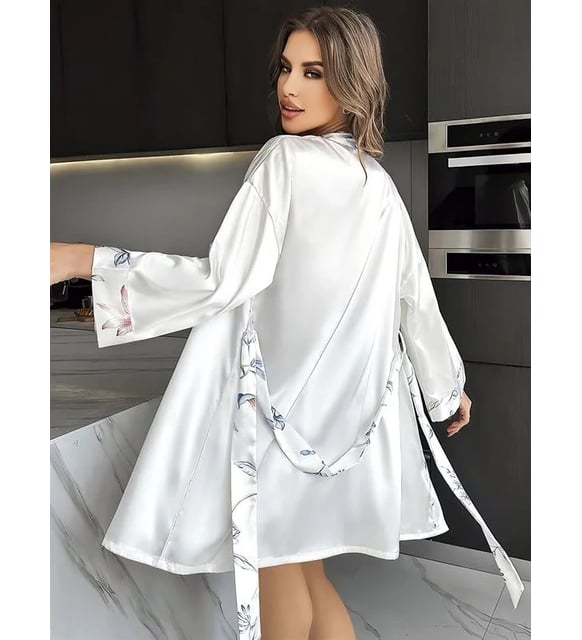 Floral Patterned Thin Strappy Satin Nightgown Robe Set 1514