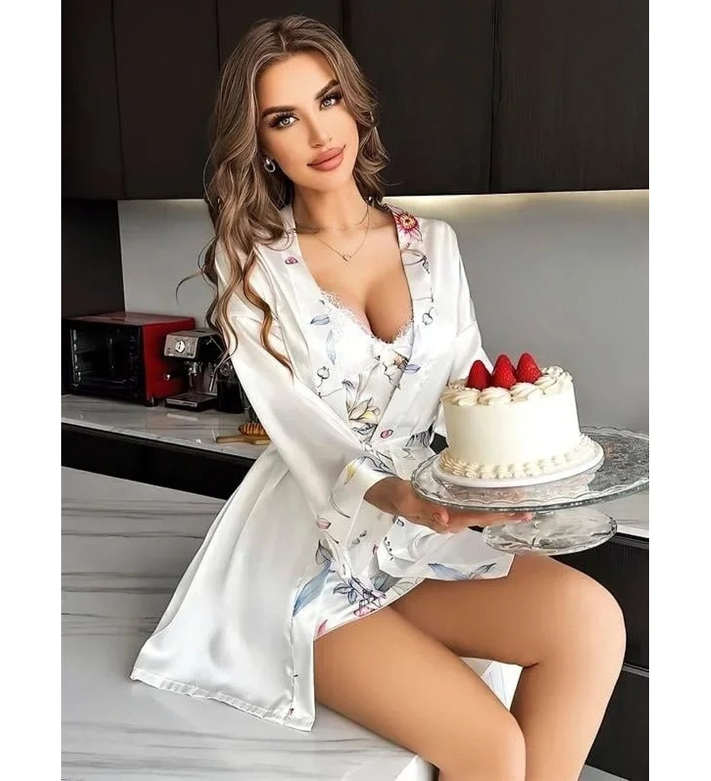 Floral Patterned Thin Strappy Satin Nightgown Robe Set 1514