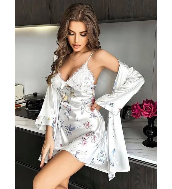 Floral Patterned Thin Strappy Satin Nightgown Robe Set 1514