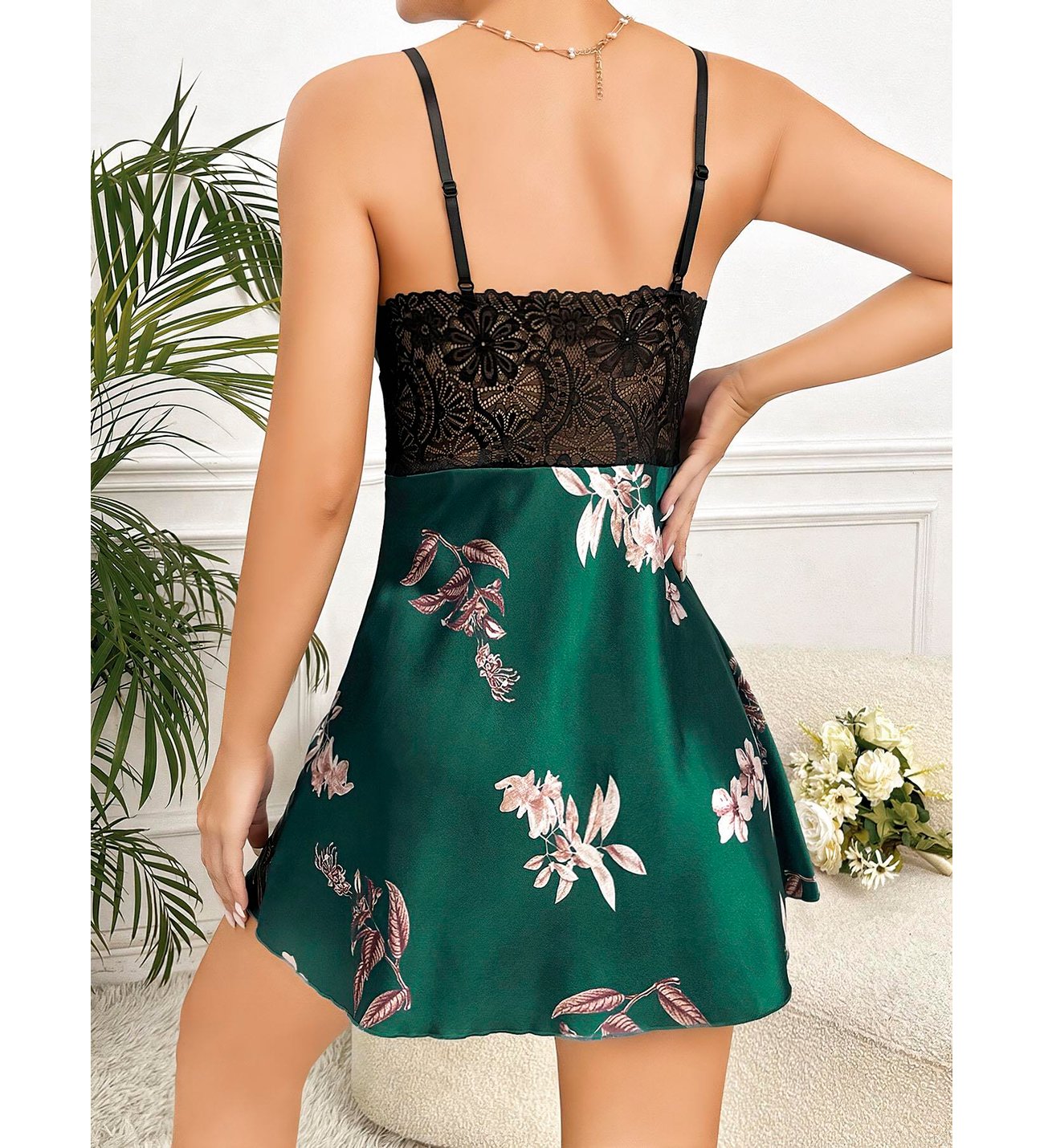 Special Design Floral Thin-Strapped Lace Embroidered Green Mini Satin Nightgown