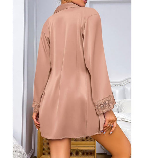 Lace Thin Strap Long Sleeve Robe Nightgown Set 1538