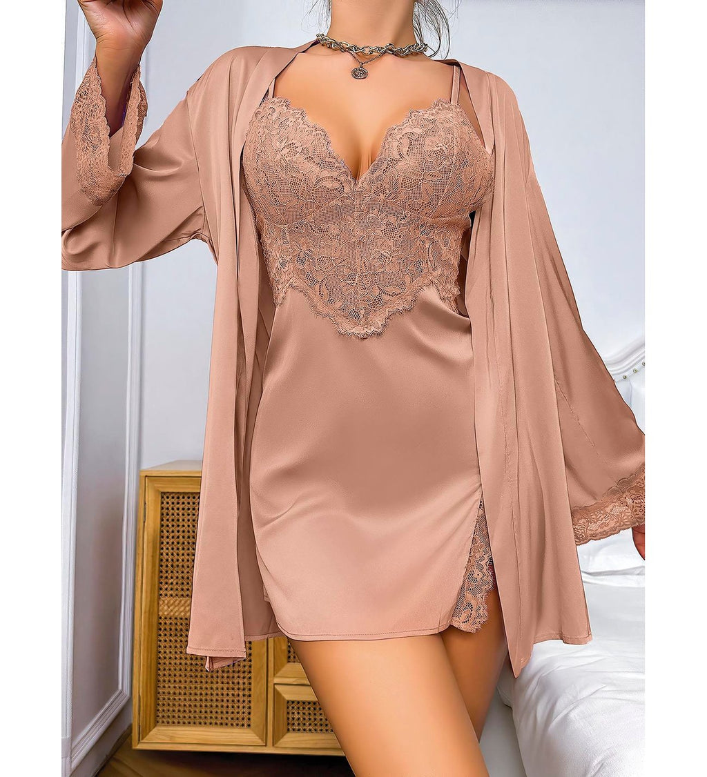 Lace Thin Strap Long Sleeve Robe Nightgown Set 1538