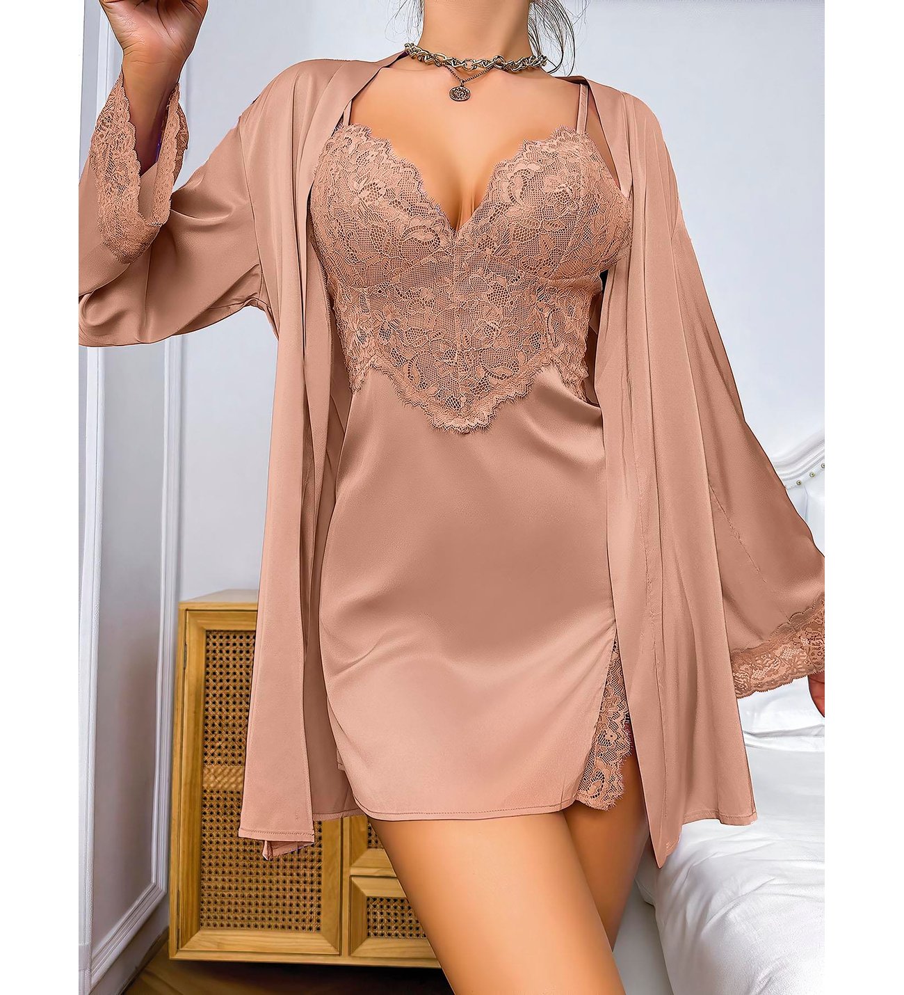 Lace Thin Strap Long Sleeve Robe Nightgown Set 1538