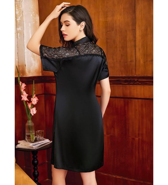 Women's Black Satin Nightwear Set - Elegant Lace Embroidered, V-Neck, Slit Nightgown and Robe (2-Piece)